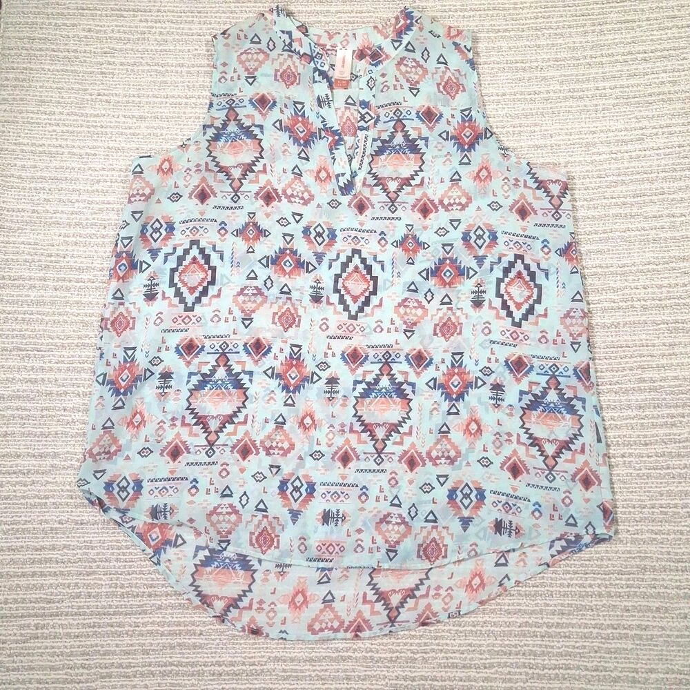 no boundaries womens xl 15-17 tank top blouse aztec tribal geometric mint v-neck